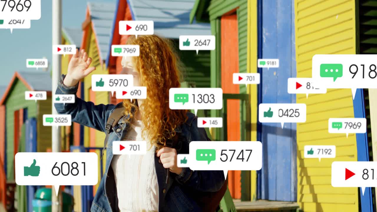 Surrounded by social media notification icons, woman with curly hair using animation