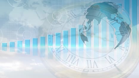 animación de la red de conexiones, reloj y estadísticas sobre nubes