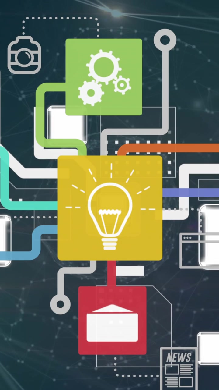 Animation of network of connections with icons, computer data processing