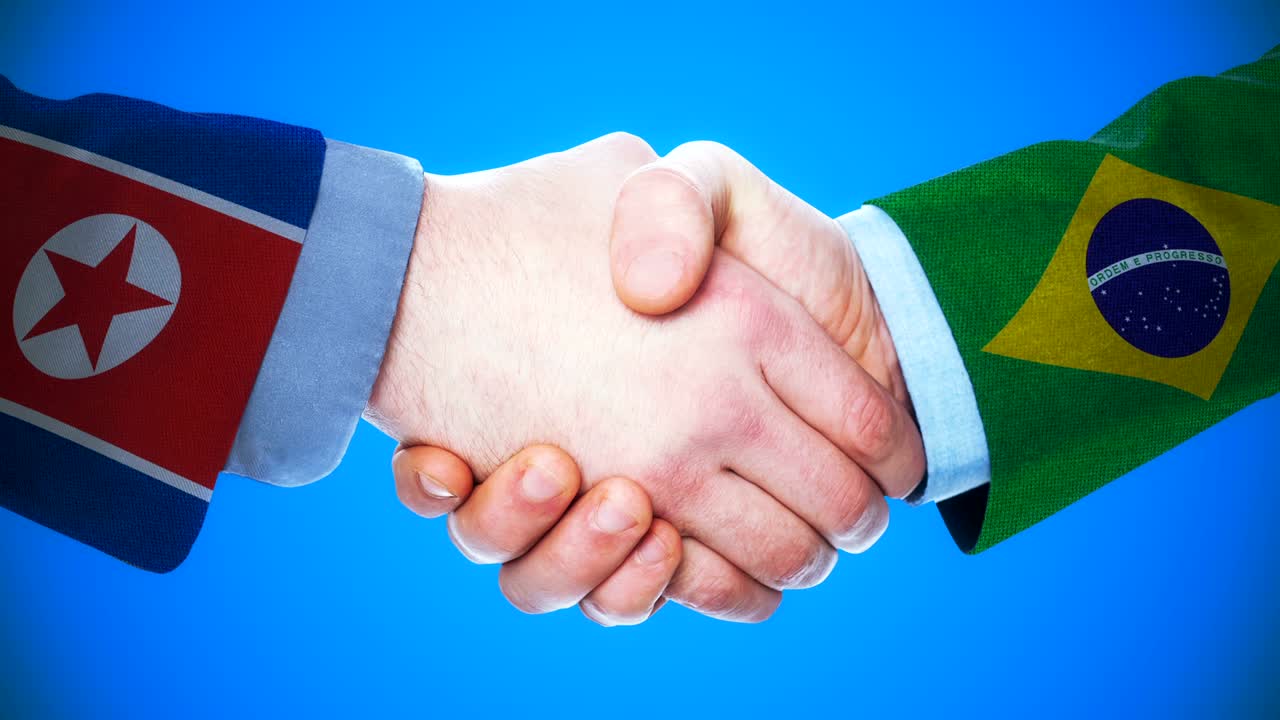 corea del norte - brasil concepto de apretón de manos animación sobre países y política con el canal matte