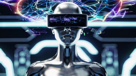 ai robot immersed in virtual reality metaverse with neural network interface