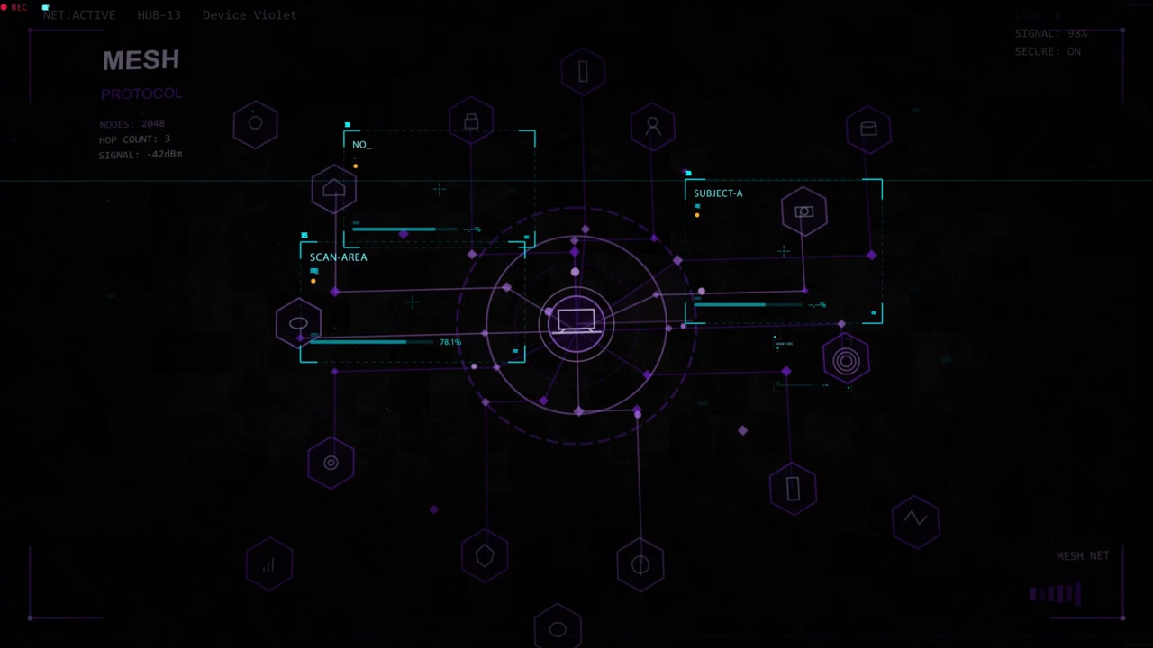 Retículo central iniciando varredura, hub de laptop construindo malha, colchetes marcando nós para rastreamento