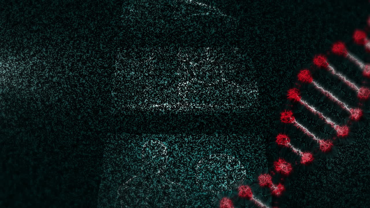 Animation of DNA strand with red markers over digital data processing background