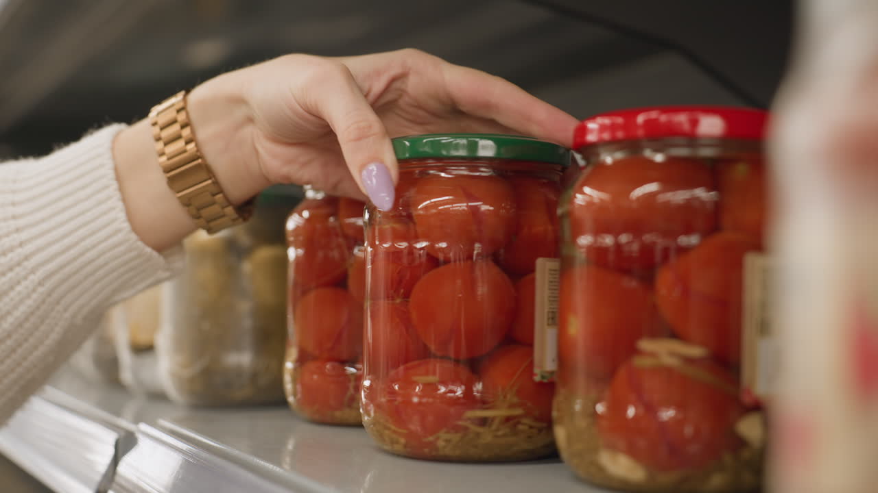 Close up of housewife hands returning transparent glass jar of tomatoes to metal supermarket shelf rails in bright grocery aisle highlighting manicure polished nails wrist watch