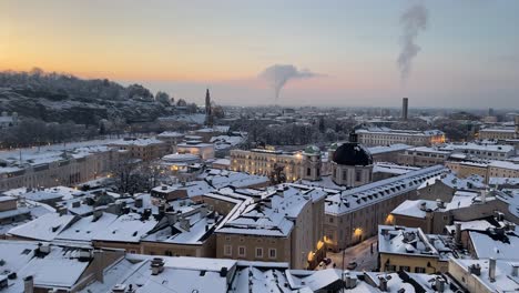 Verschneite-Salzburger-Stadtansicht-Vom-Panoramaaussichtspunkt-Bei-Sonnenuntergang,-Etablierung