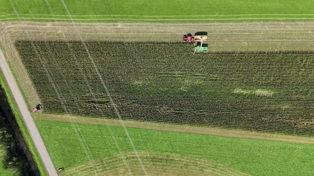 여름에 에서 일하는 트랙터와 트레일러를 가진 조합기의 높은 각도 드론