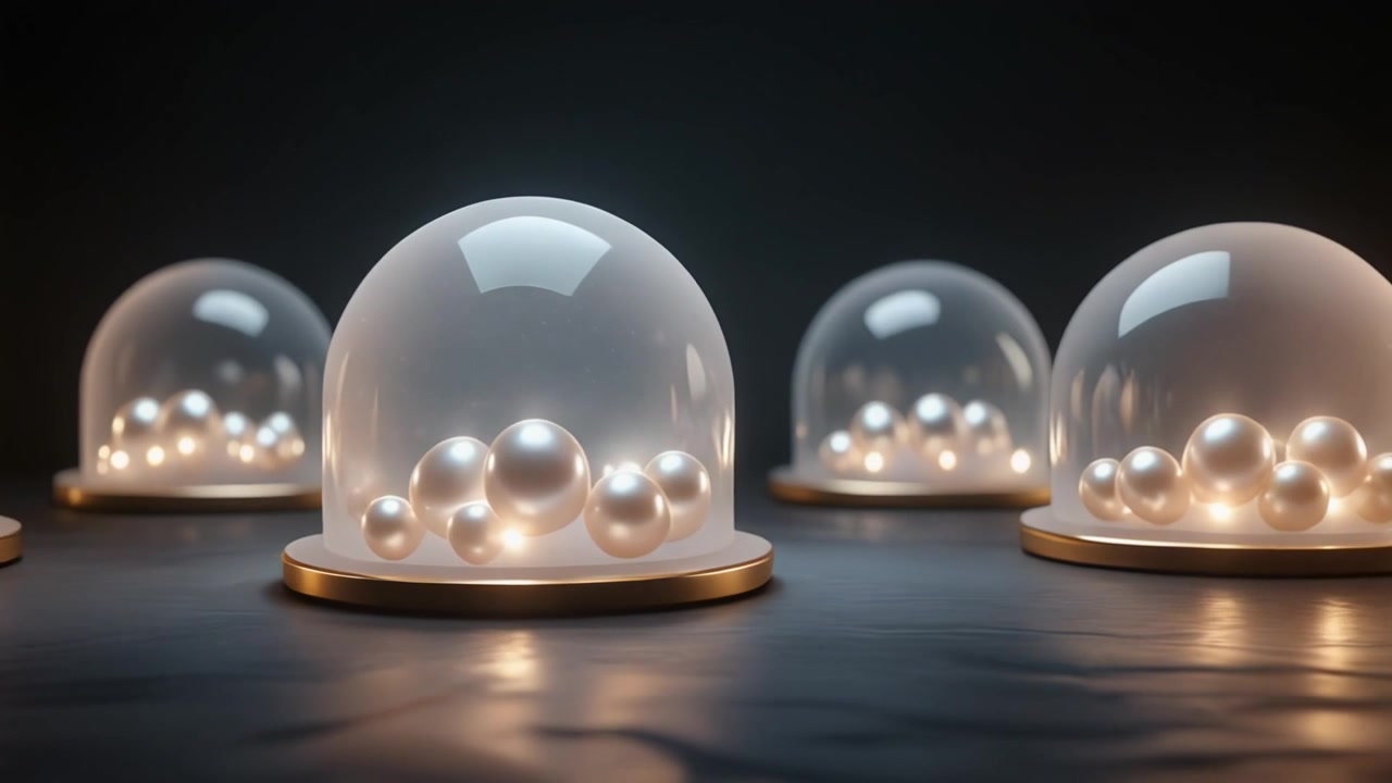 Gruppo di perle luminose sotto cupole di vetro su superficie scura