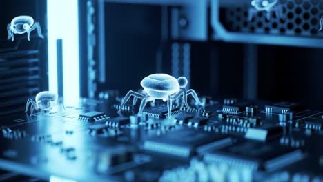 An entity resembling an insect navigates a circuit board inside a high-tech laboratory. The blue glow highlights the intricate details of electronic components as it moves.