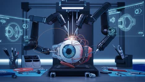 a detailed view of a robotic eye being assembled with robotic arms, illuminated in a tech-enabled laboratory environment with digital displays