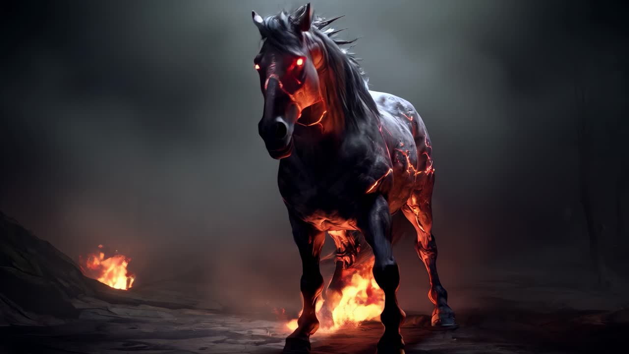 A legendary mythical fiery black horse galloping through the enveloping darkness and dusk
