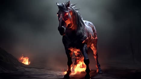 a legendary mythical fiery black horse galloping through the enveloping darkness and dusk