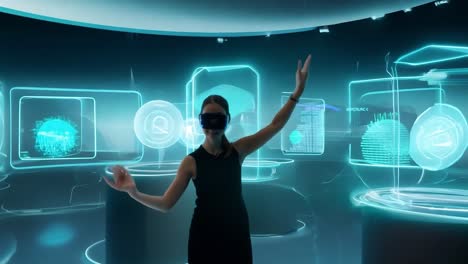 Woman wearing VR headset interacts with holographic objects in a futuristic environment