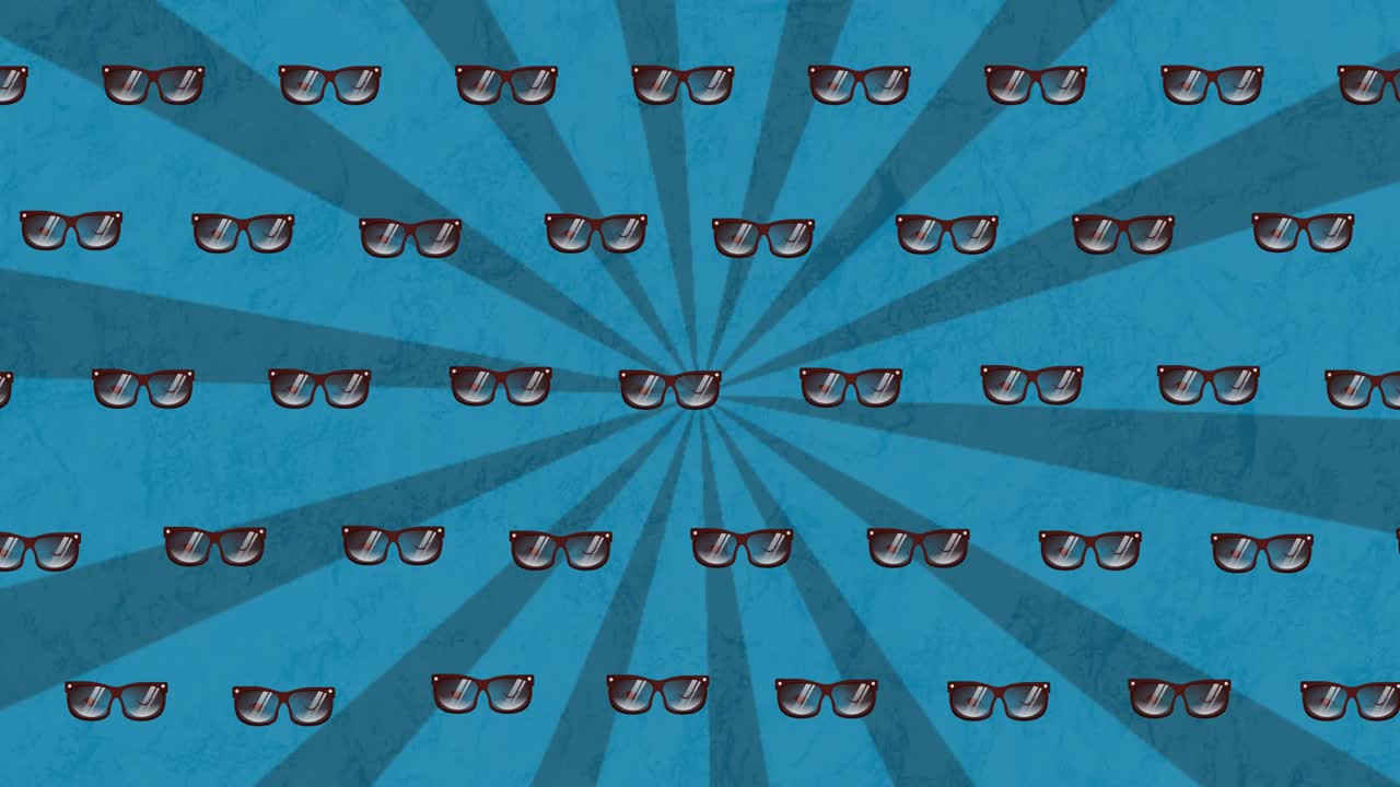 파란색 배경의 줄무 ⁇  위에 반복되는 선글라스의 애니메이션