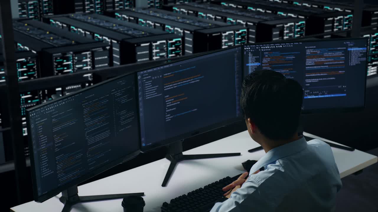 vista trasera de un hombre asiático cansado bostezando mientras trabajaba con un simulacro de varios monitores de computadora en el centro de datos