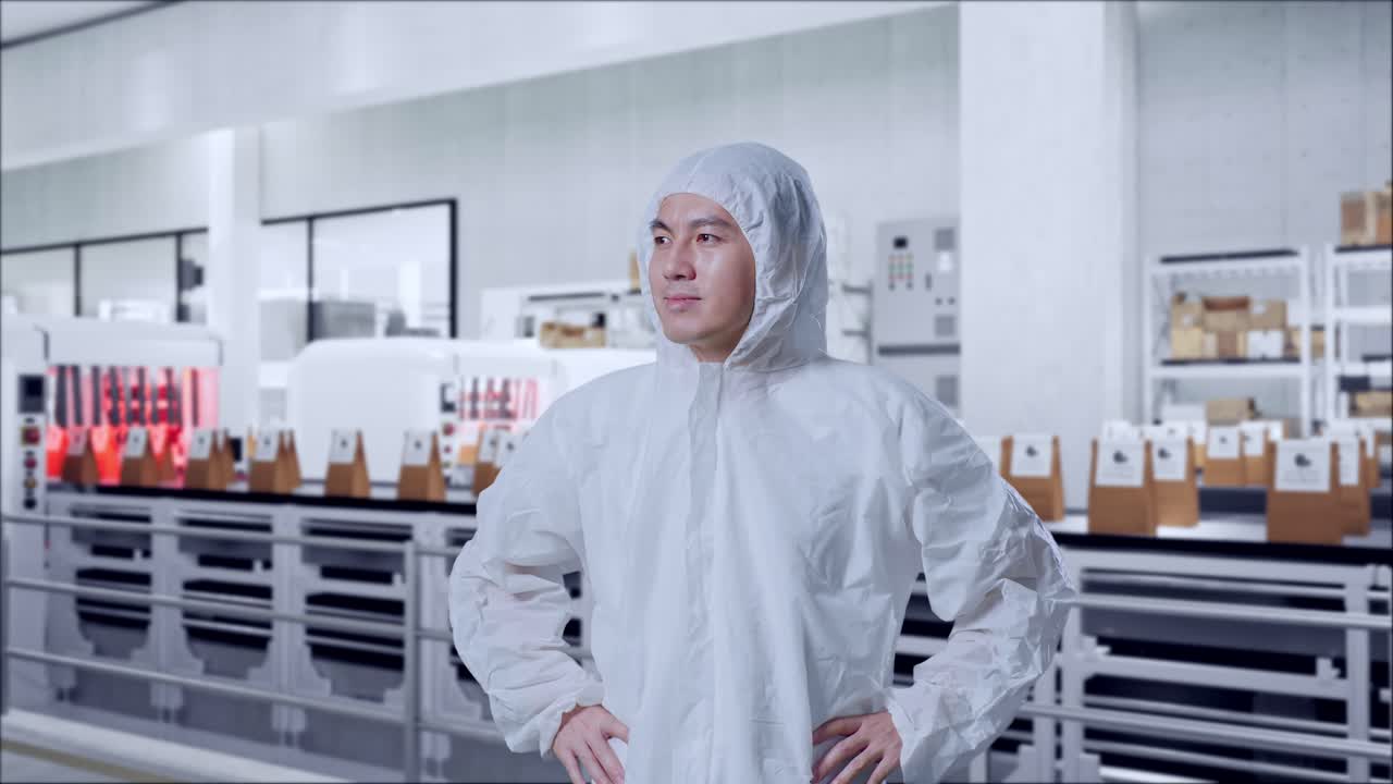 Asian Male Scientist Putting Hands On His Hip And Looking Around With Conveyor for Packaging Coffee Beans in Bags at Coffee Factory