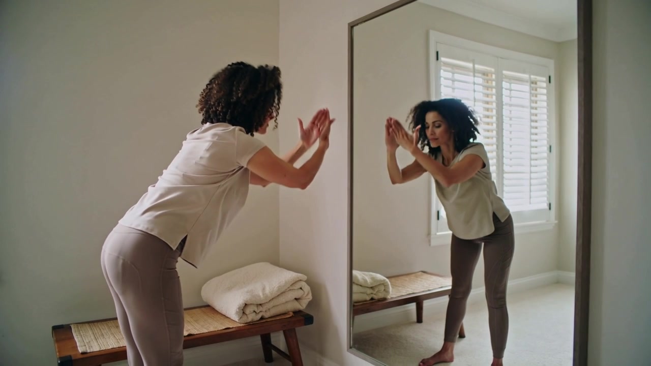 Donna in top e leggings che si abbassa dalle braccia alzate, piegandosi su una panca a casa, controllando la forma allo specchio.