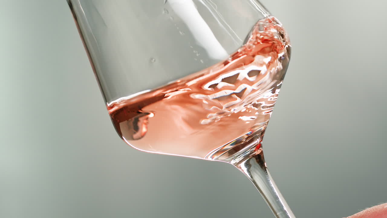Rosé, orange eller hvidvinsflaske og glas mod en solnedgang i en fredfyldt vingård, hvor der hældes økologisk naturvin op. Skål, hænder med vinglas, der drikker alkohol