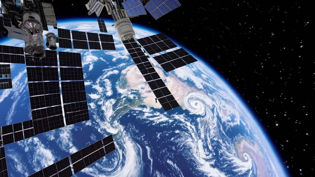Conceito de vídeo futurista do interior de uma nave espacial. Tomada grande angular de dentro de um túnel