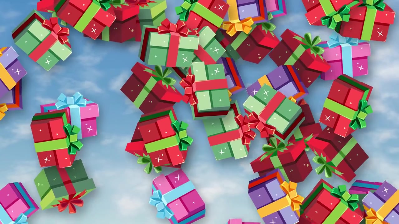 Scatole regalo animate e colorate cadono a pioggia su uno sfondo di cielo azzurro e soleggiato.