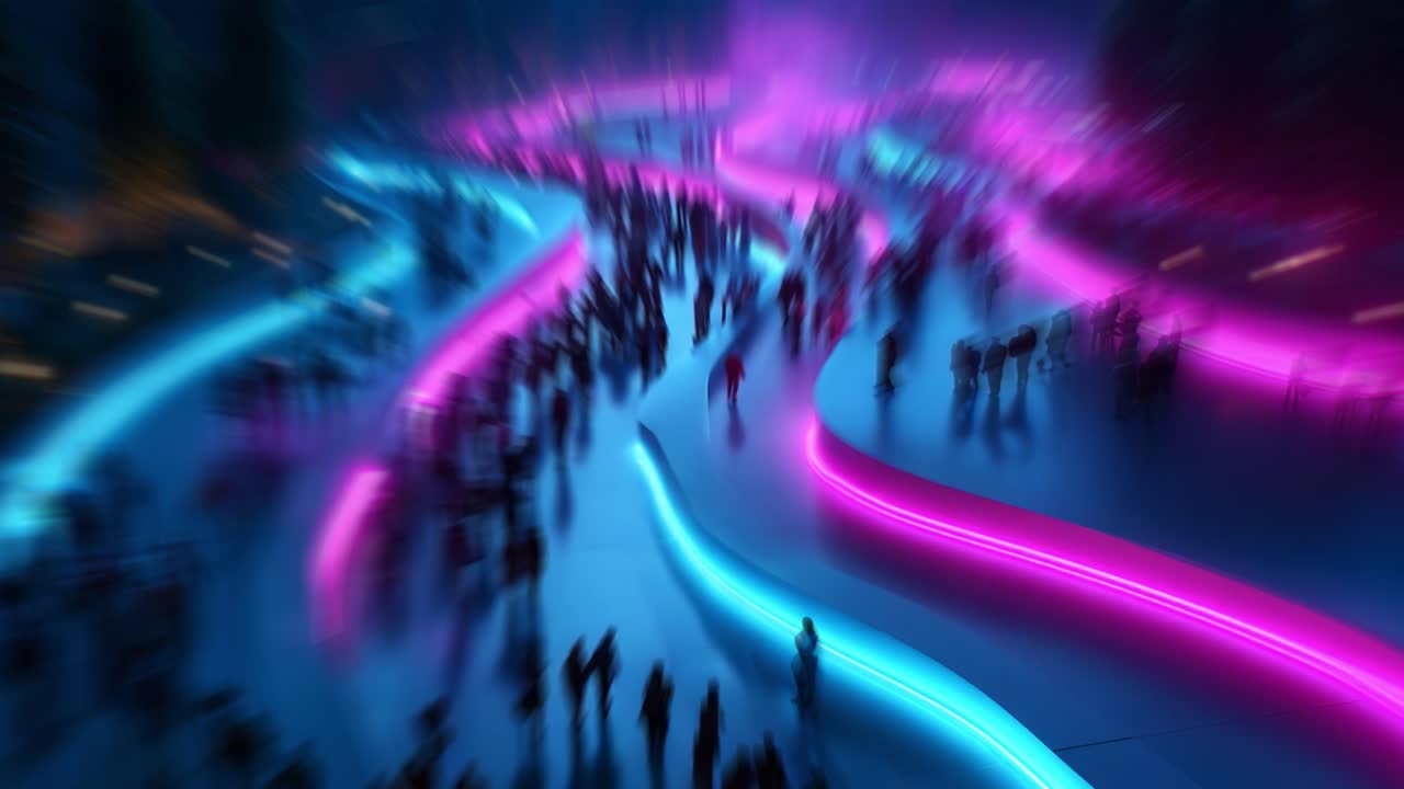 A Vibrant Nightlife Scene with Neon Lights and Crowds Captured in Motion, Showcasing a Spiraling Path of Bright Colors Against a Darkened Cityscape, Emphasizing the Energy of an Urban Gathering