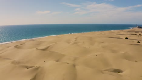 Drone-shot-of-dunes-and-desert-with-beach-and-sea,-dunas-de-maspalomas,-gran-canaria