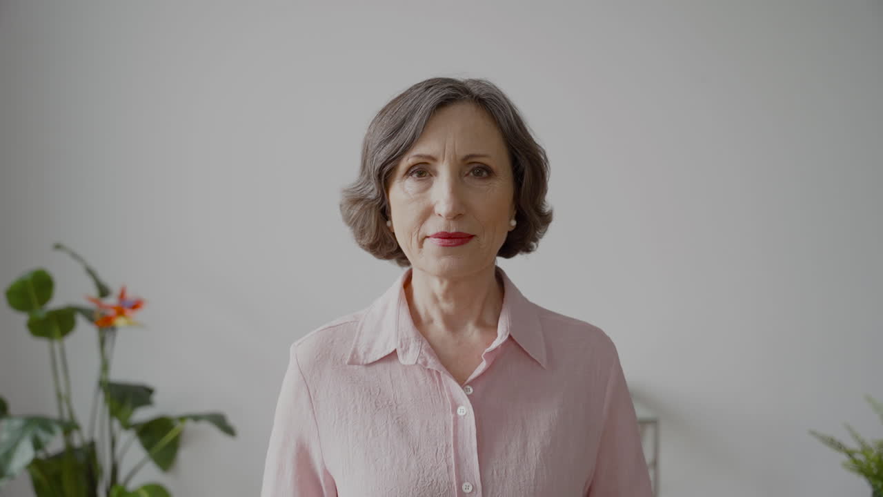 mujer mayor con cabello gris y camisa blanca mirando a la cámara con expresión seria