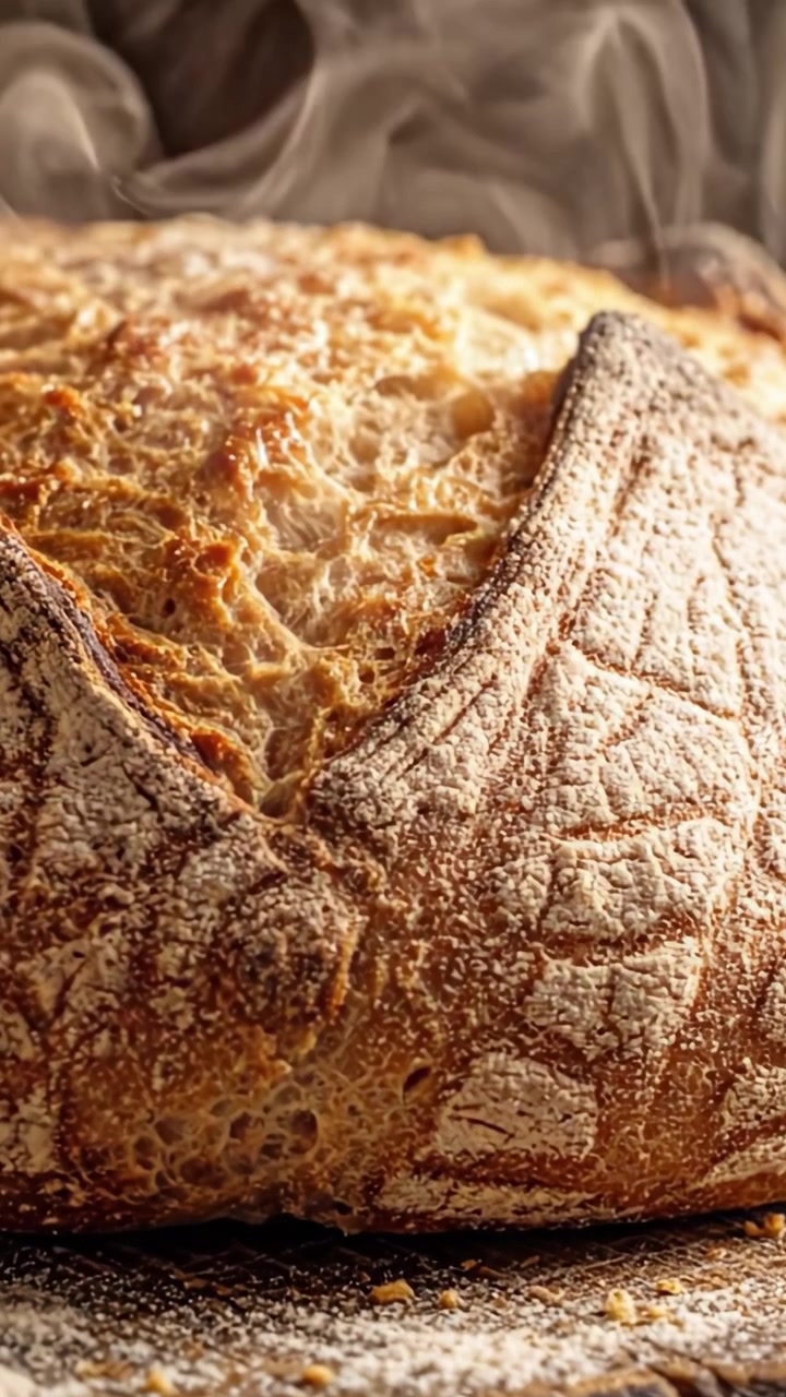 Golden-Brown Artisan Bread: A Freshly Baked Loaf with a Crispy Crust and Airy Interior, Captured in Two Frames Showcasing its Perfect Texture and Aroma