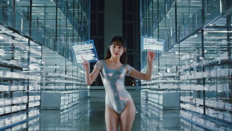 futuristic woman in bodysuit with hologram interfaces