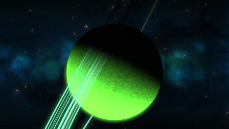 cgi zoom in towards green sideways saturn-like alien planet with green rings in front of blue green nebula, space, wide view