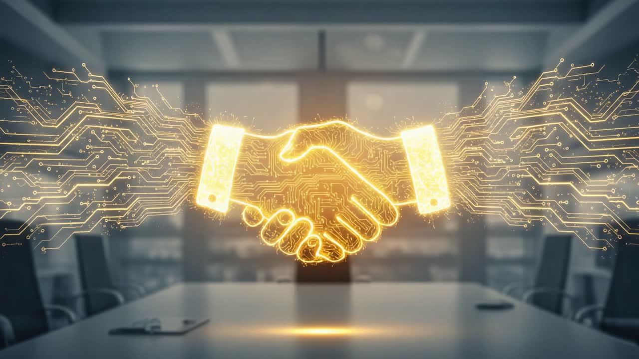 Una stretta di mano simbolica che rappresenta tecnologia e collaborazione, unendo le pratiche aziendali tradizionali con soluzioni digitali innovative in un ambiente di lavoro moderno