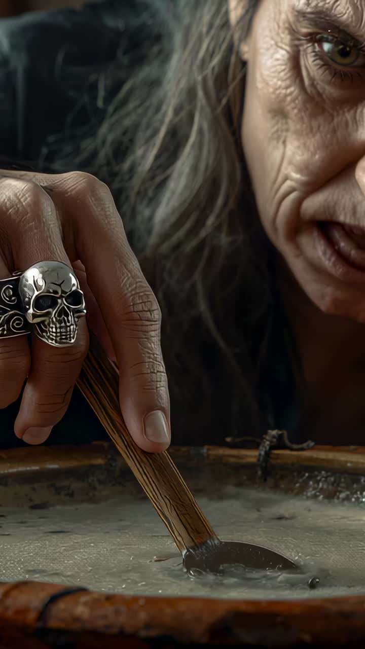 Vertical video: Panning revealing man stirring liquid in wood bowl workshop featuring skull ring