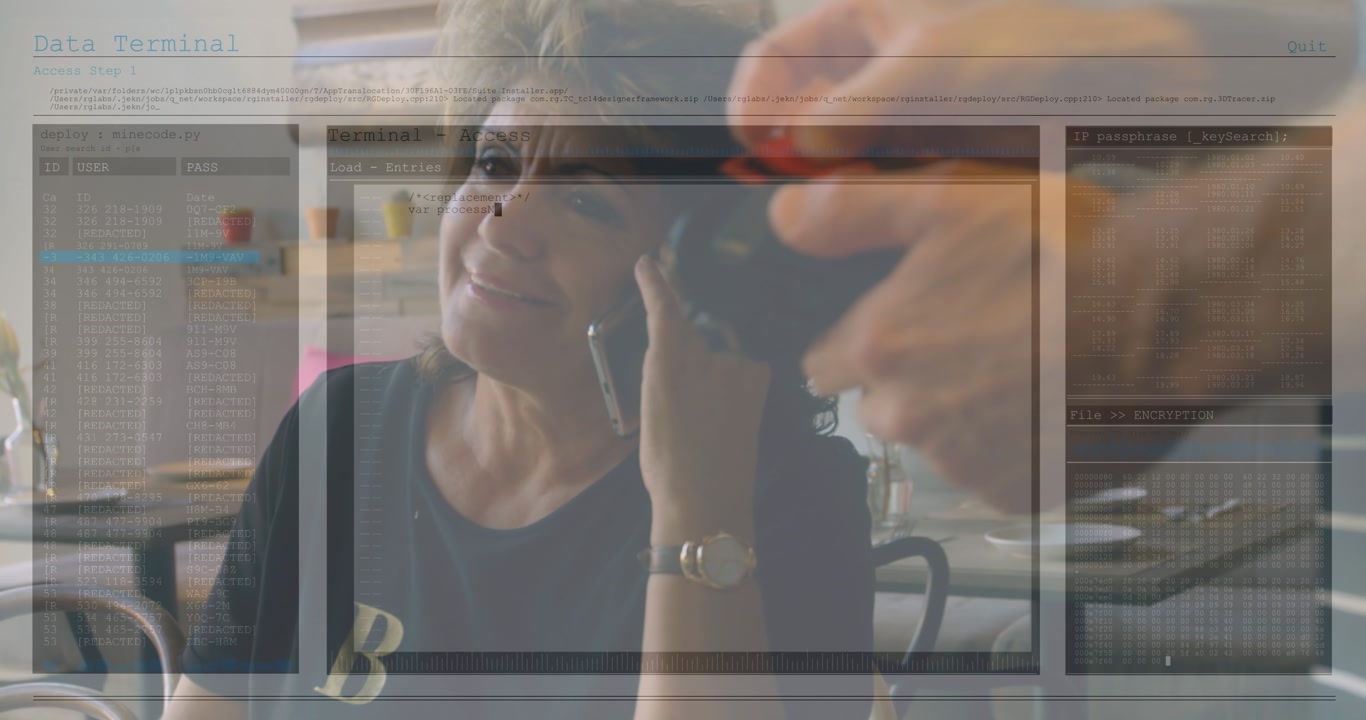 Animation of data processing against caucasian senior woman making payment by credit card at cafe