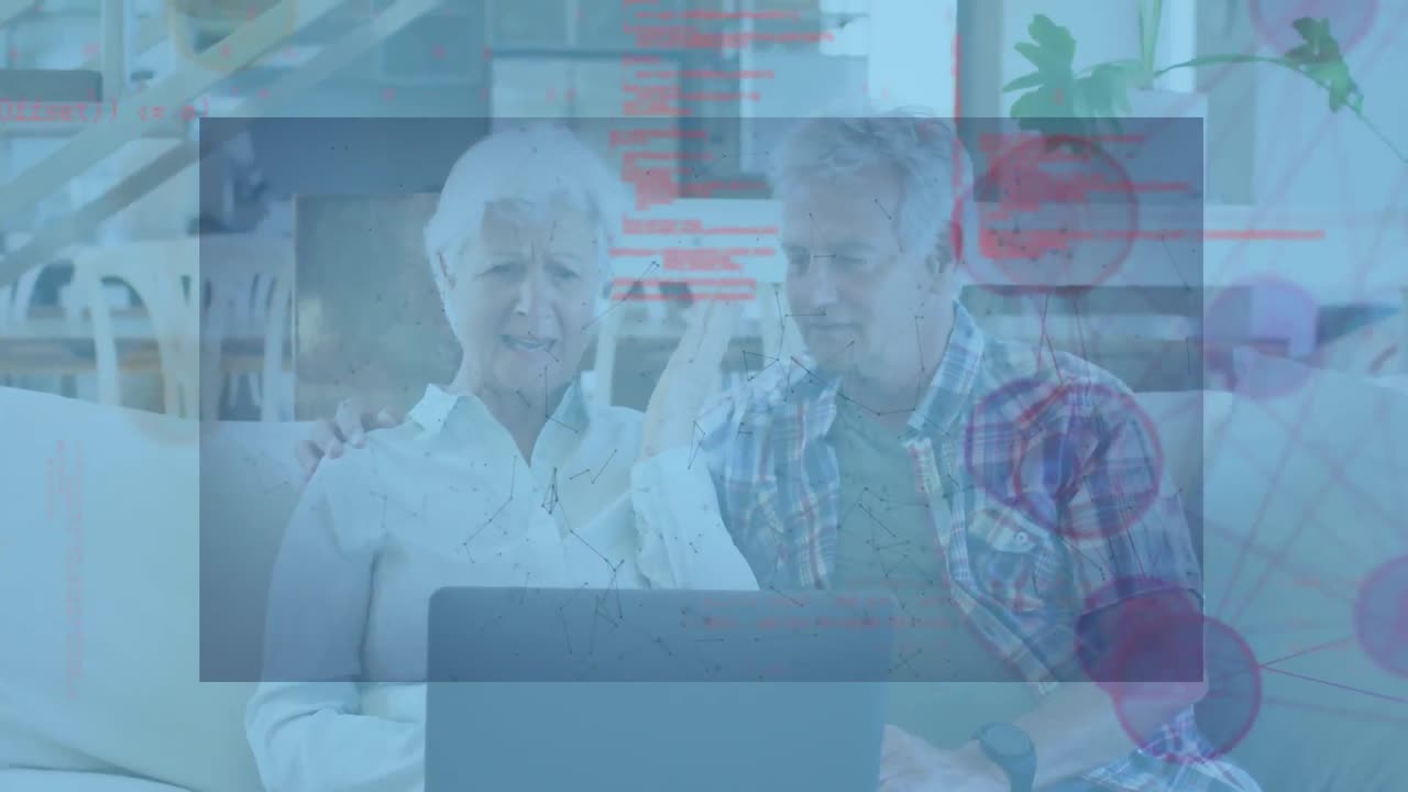 노트북을 가진 백인 노인 부부에 대한 연결 네트워크와 데이터 처리의 애니메이션.