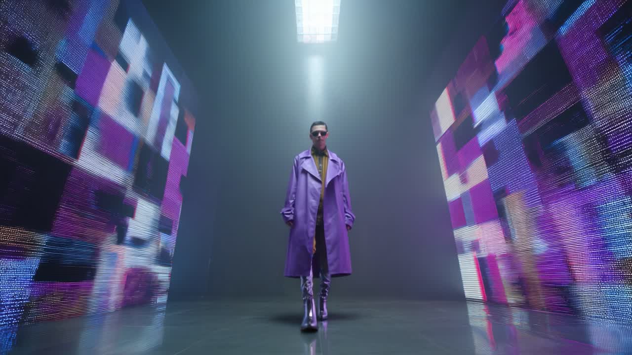 A futuristic figure clad in a vibrant purple ensemble strides confidently through a mesmerizing digital corridor filled with colorful holographic projections, creating an engaging contrast against the backdrop of technology