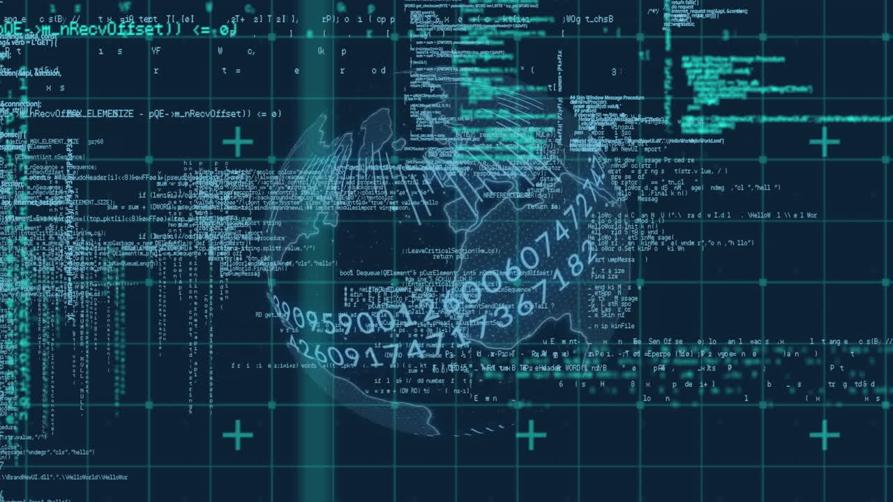 Animation of data processing and globe over black background