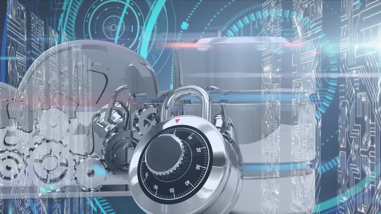 데이터베이스 서버와 마이크로프로세서 연결은 파란색 배경에 네온 라운드 스캐너에 대항합니다.