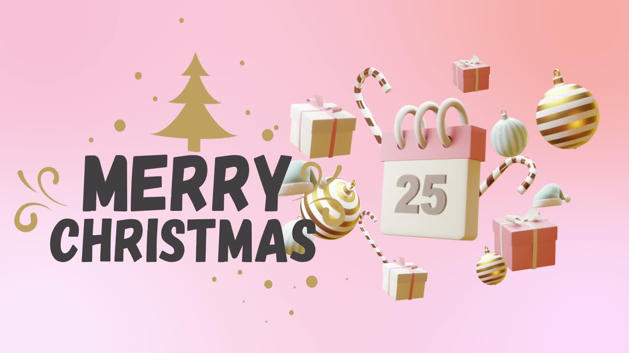 animación de felicitaciones navideñas texto sobre decoraciones navideñas en fondo rosa