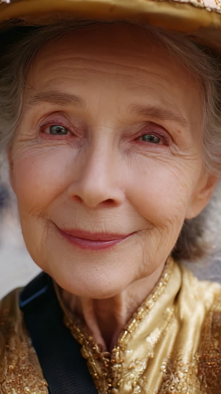 A Graceful Elderly Woman in a Golden Outfit Smiling Radiantly, Capturing the Essence of Age, Wisdom, and Warmth Through Her Gentle Expression and Timeless Beauty