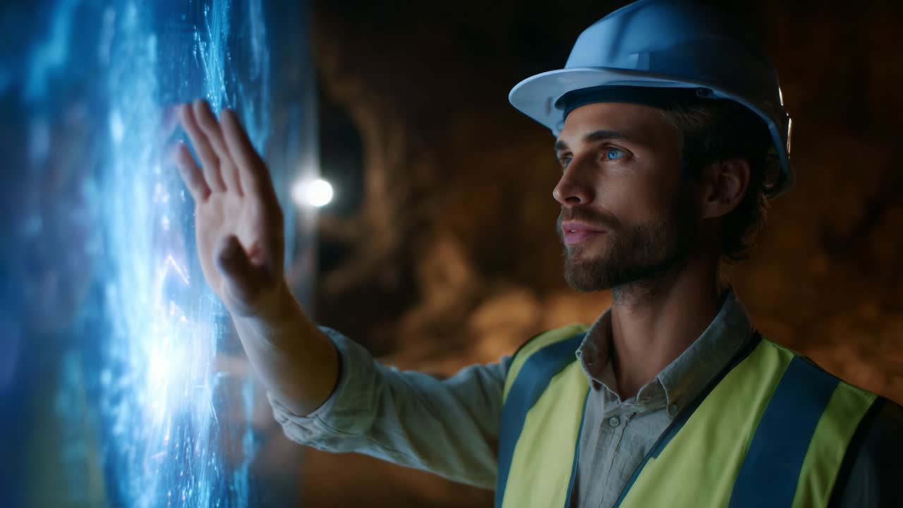 A focused worker in a hard hat interacts with a futuristic digital interface, showcasing advanced technology and innovation in the field, highlighting the importance of hands-on experience in modern industries