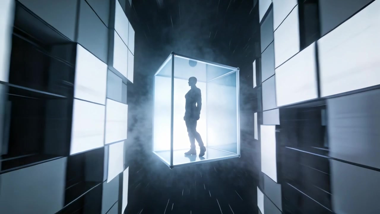 Stepping man in suit from lit portal in corridor, cube enclosing, sliding rotating for reveal