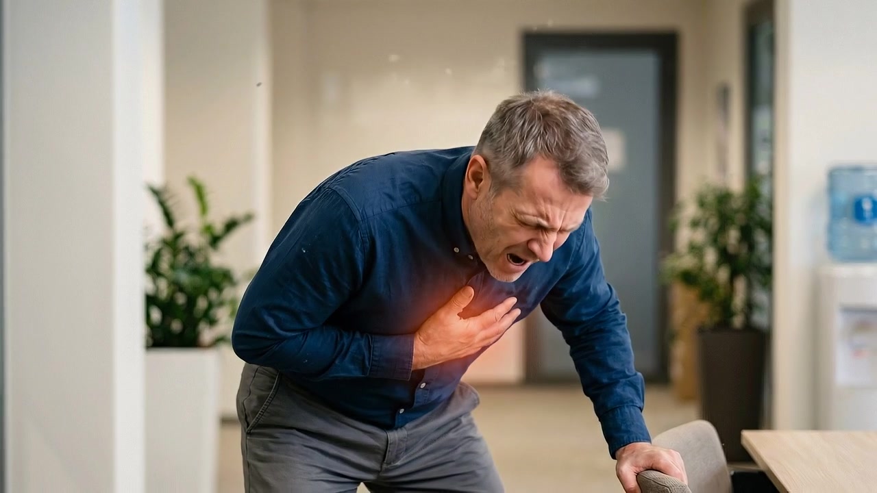 Mature man clutching chest with glowing pain area inside home in realistic medical scene