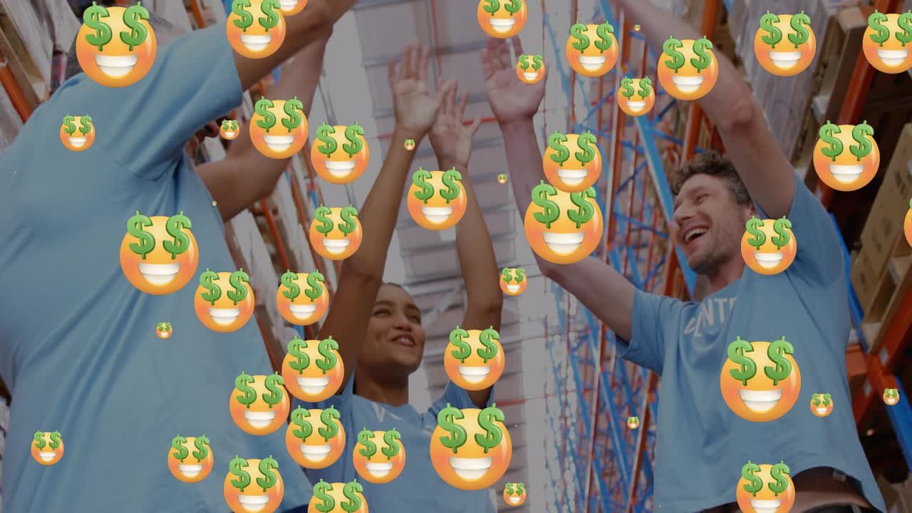 Animation of emoji icons over diverse volunteers teaming up in warehouse
