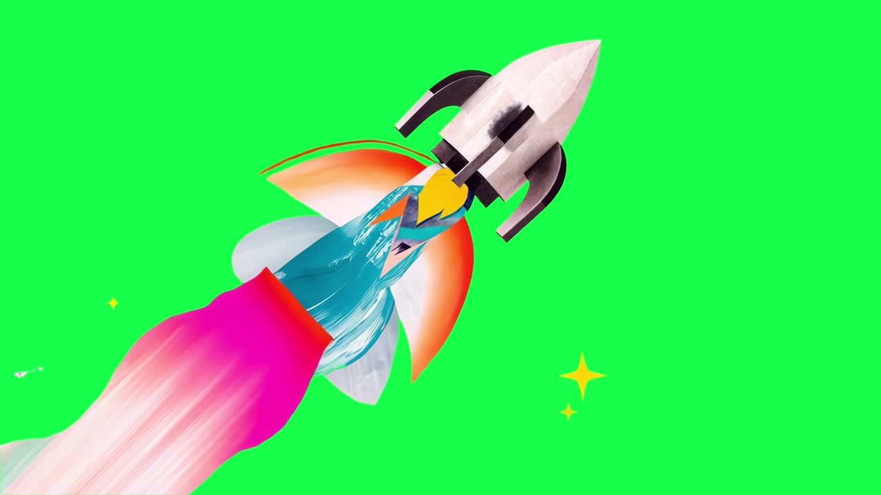 Colorful rocket launch illustration animation, transparent 4K video, green screen