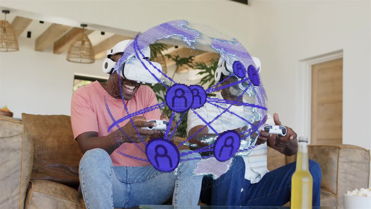 Two men with VR headsets adjusting headset, using pads, purple globe expanding, leaning for gaming