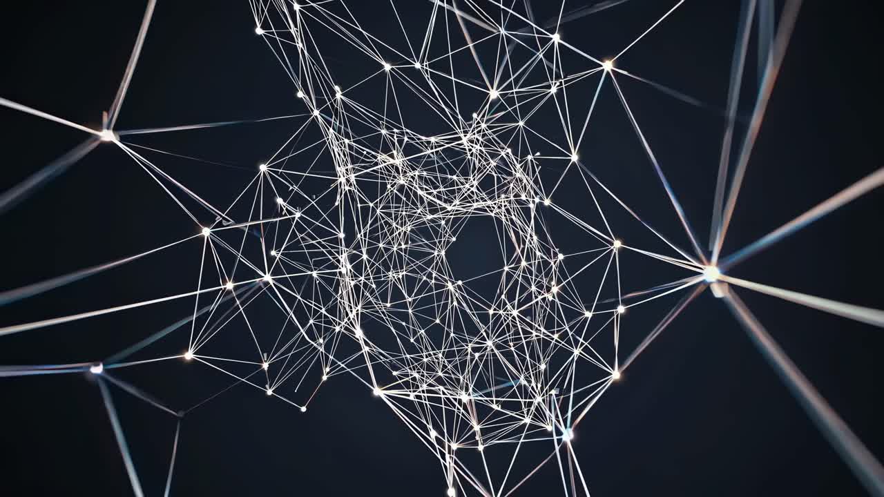 Réseau abstrait de lignes et de nœuds lumineux, capturé en contre-plongée