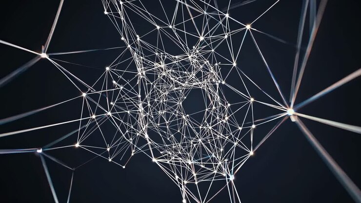 Abstract network of glowing lines and nodes, captured from a low-angle perspective