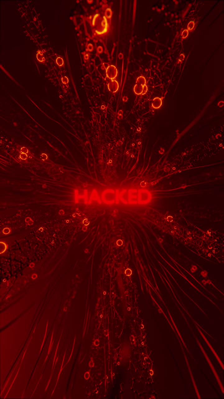 Red network with Hacked inscription. 3d animation render