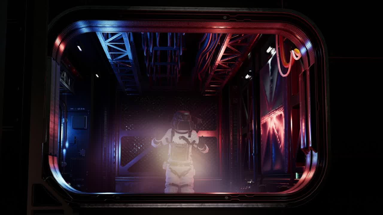 미래의 우주 복도에서 지구와 별들을 혼자 지켜보는 우주비행사, 창문으로 바라보는 3d 애니메이션