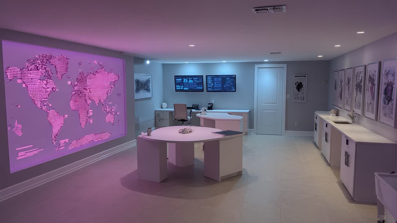 Modern Workspace Featuring Digital World Map and High-Tech Displays, Ideal for Collaborative Projects and Data Analysis in a Sleek Minimalist Design