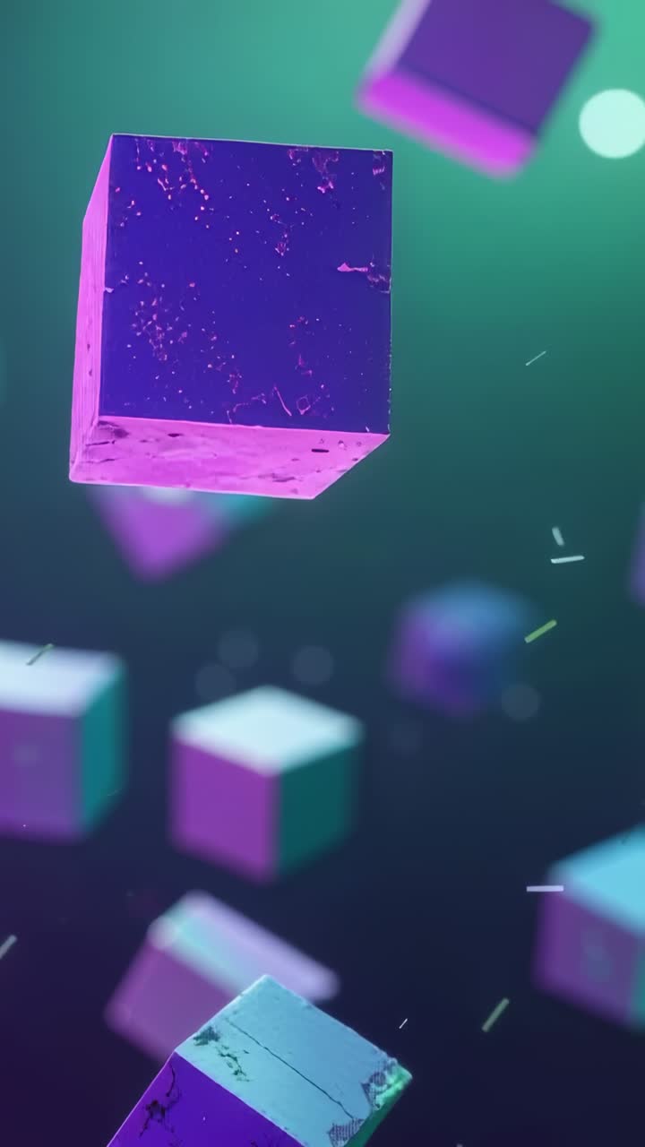 Vertical video: Opening view showing cube drifting and rotating in 3D with smaller cubes, light orb